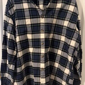 Eddie Bauer Navy and Cream Plaid Flanel Button Down Shirt